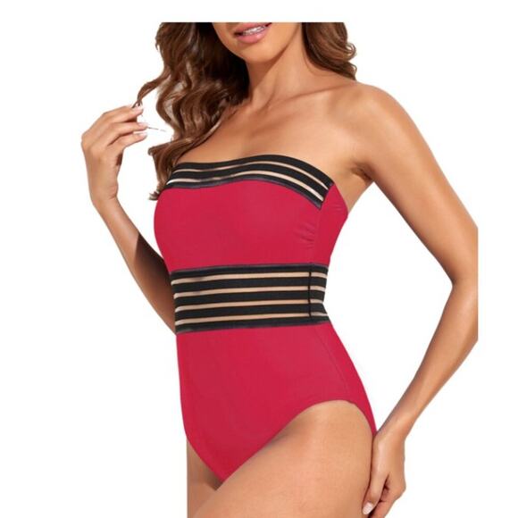 Hilor Brand Women's XXL (16) Red & Black Tummy Control Halter Swimsuit Bandeau - Picture 2 of 7